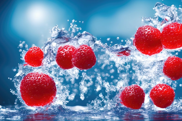 A blue background with red berries floating in water.