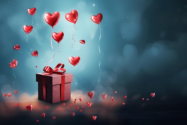 사진 빨간색 선물 상자와 날아다니는 심장을 가진 파란색 배경 축제 놀라움 상자 실크 리본 선물로 여 있습니다.