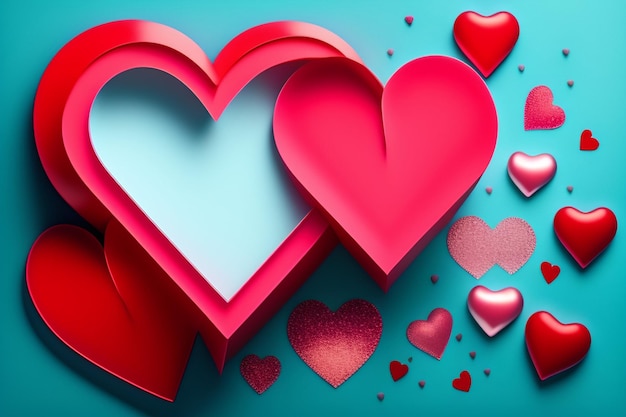 A blue background with red hearts and the word love on it