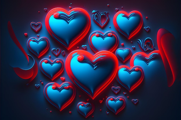 blue background with red neon hearts