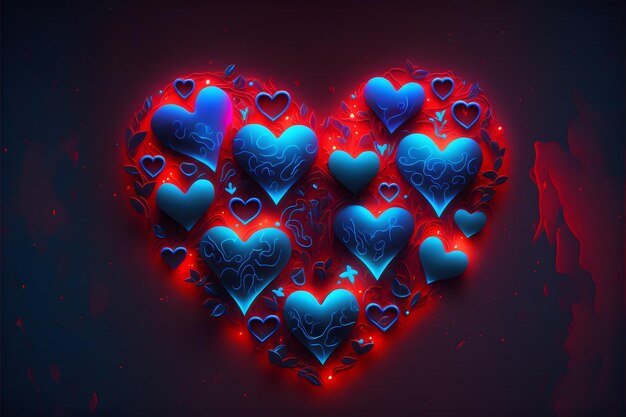 blue background with red neon hearts