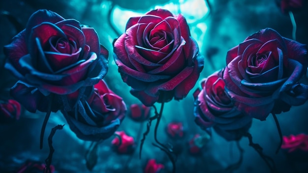 A blue background with red roses in the middle