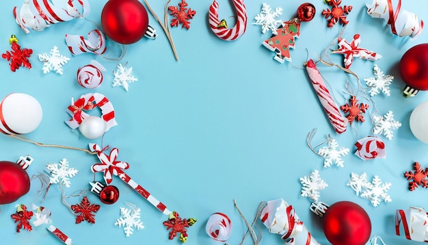 A blue background with a red and white christmas decoration.