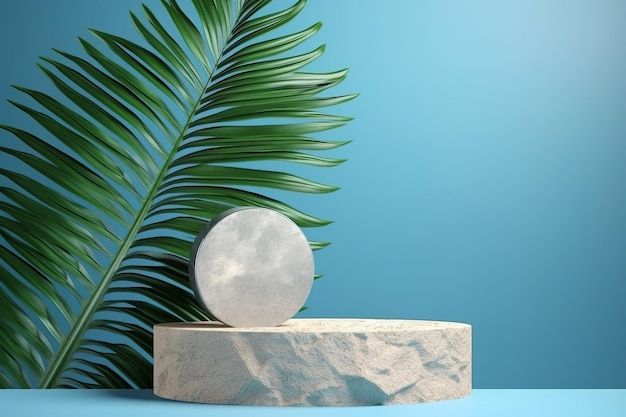 A blue background with a round stone and a palm leaf.