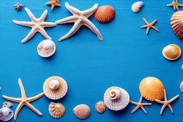 A blue background with shells and starfish