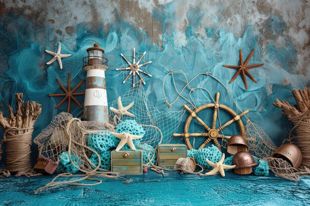 Photo a blue background with a ship and starfish and a ship and starfish