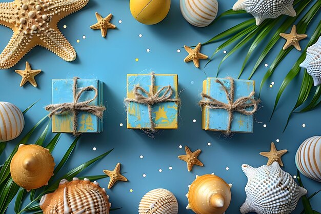 Blue Background With Starfish Seashells and Wrapped Presents