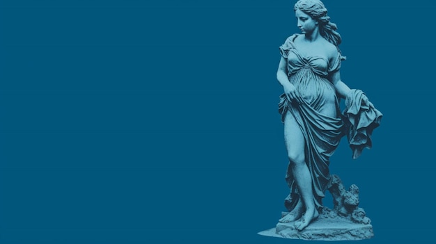 A blue background with a statue of a girl