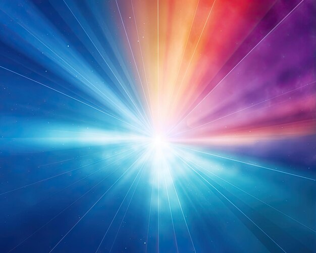 a blue background with a sun and rainbow light in the style of anamorphic lens flare