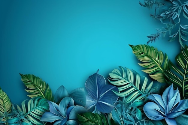 Blue background with tropical leaves and flowers on a blue background