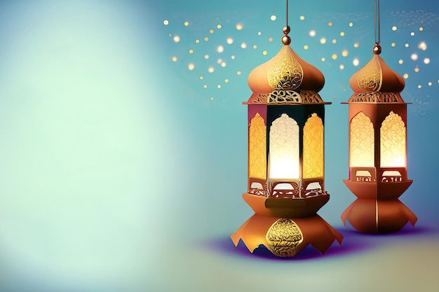 A blue background with two lamps with lights and the words eid al - fitr on it.