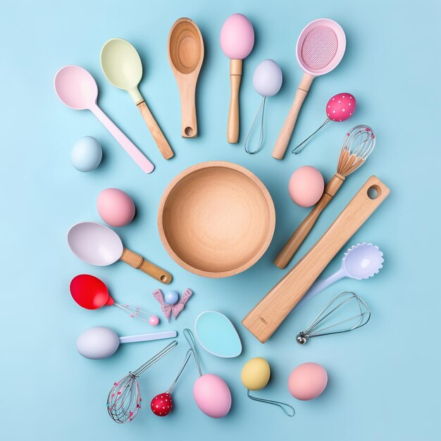 青色の背景にさまざまなキッチン用品、泡立て器付きのピンクのボウル。