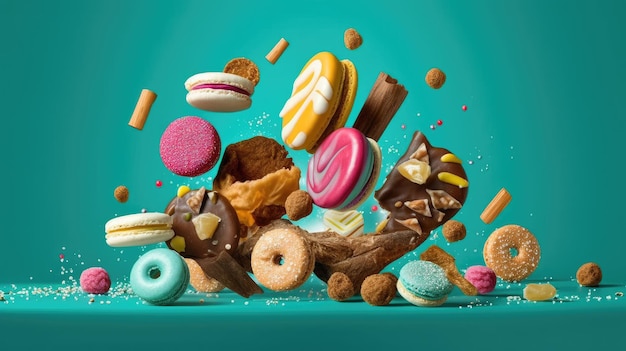 A blue background with a variety of sweets and cookies.