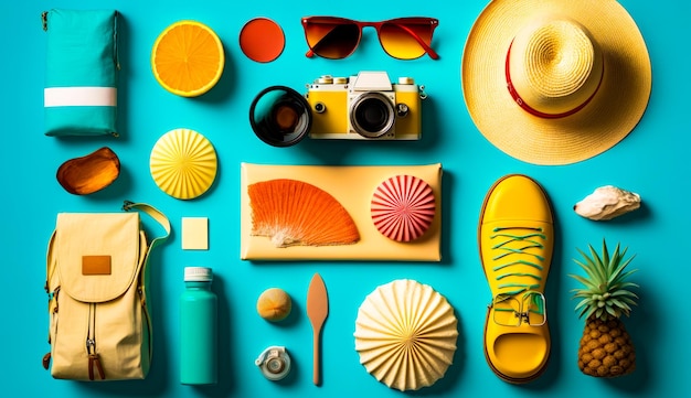 Foto sfondo blu con vari oggetti tra cui cappello, occhiali da sole e fotocamera ia generativa