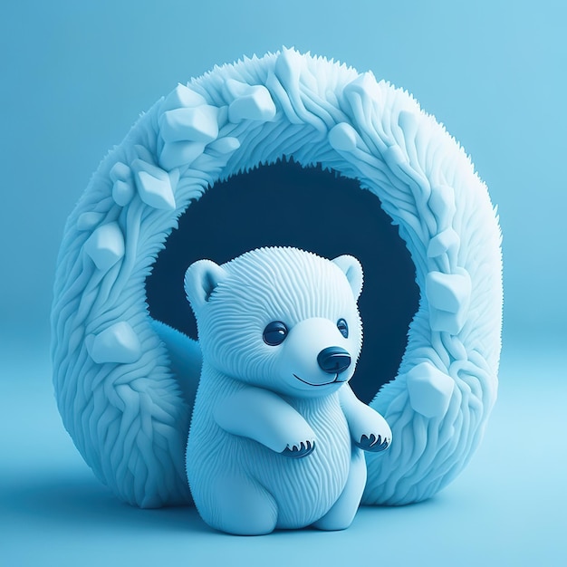 A blue background with a white bear and a white snow ring.