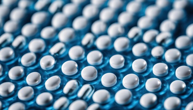 A blue background with white capsules