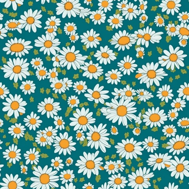 A blue background with white daisies and green leaves generative ai