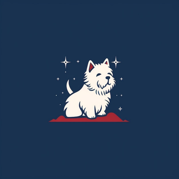 a blue background with a white dog and stars