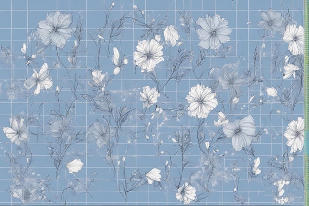 a blue background with white flowers and a blue background.