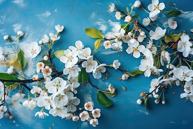 A blue background with white flowers and green leaves.