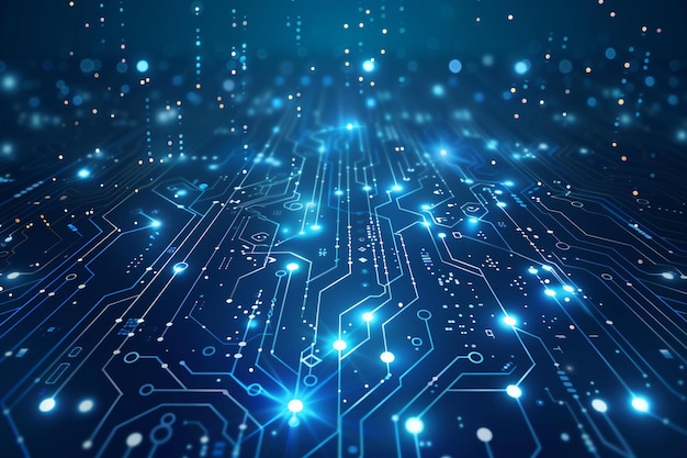 Blue background with white glowing lines and a circuit board pattern for technology or digital conce