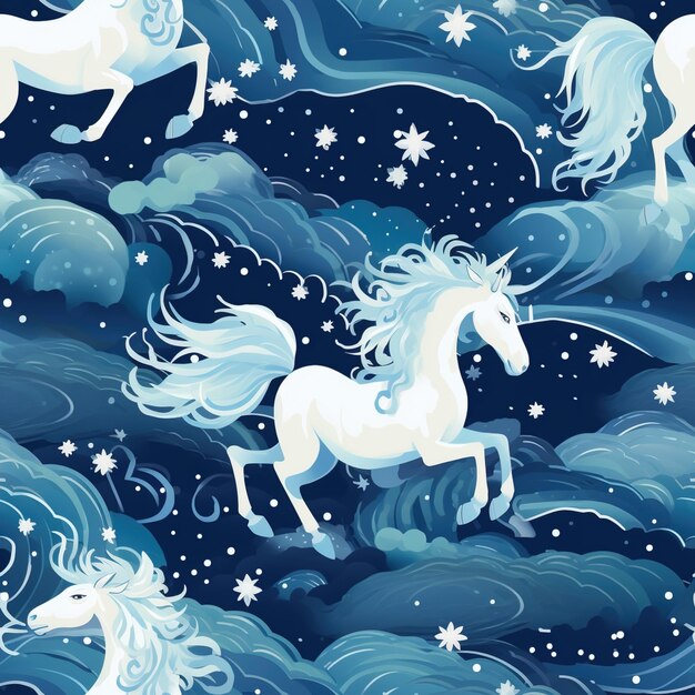 a blue background with white horses in the sky and the stars.