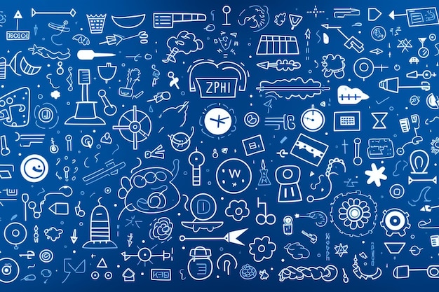 Blue background with white marketing doodles