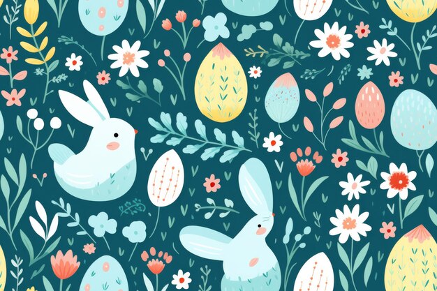 Photo blue background with white rabbits and flowers