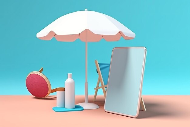 A blue background with a white umbrella, a bottle of lotion, a bottle of lotion, and a white umbrella.