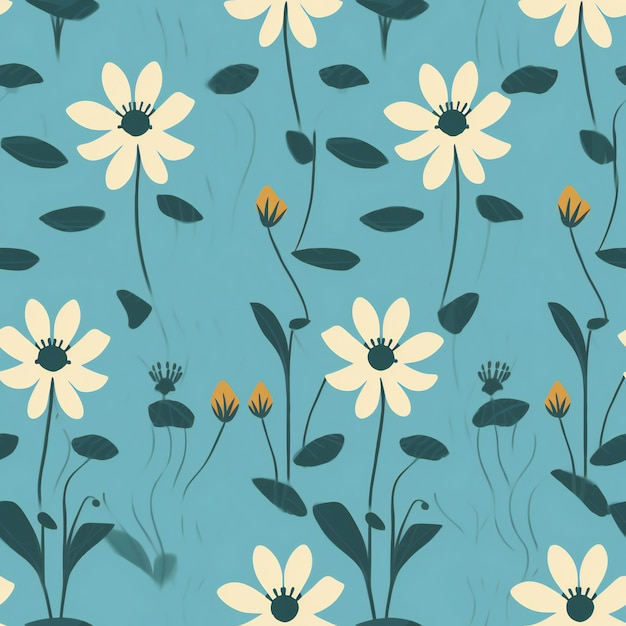A blue background with white and yellow flowers.