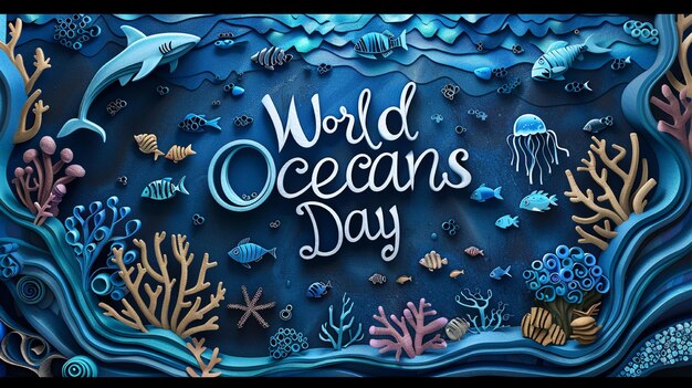 a blue background with world oceans day in white letters