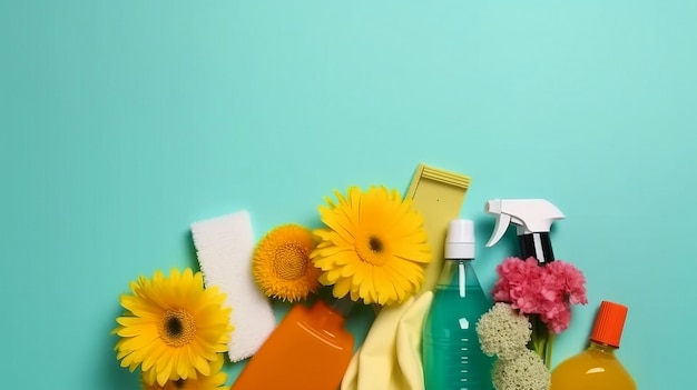 A blue background with yellow flowers a bottle of cleaner