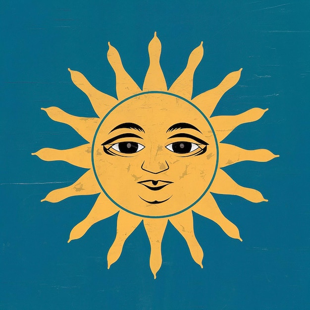 Photo a blue background with a yellow sun with a face on it