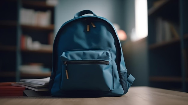 Blue backpack housing school essentials sits on a wooden table against softly blurred bookshelves