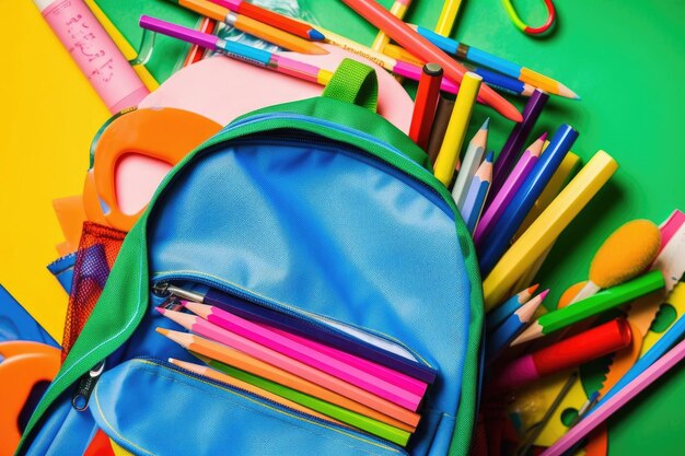 Blue backpack overflowing with school supplies Generative AI