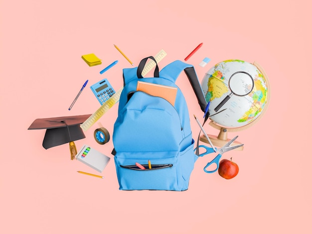 赤い背景に浮かぶ青いバックパックと学校用品