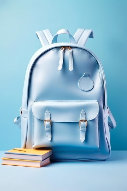 Blue backpack sitting on top of stack of books Generative AI