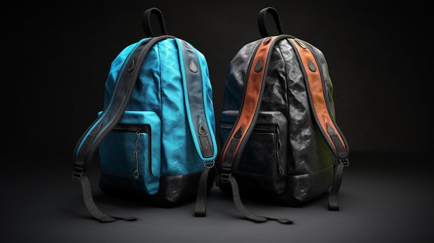 a blue backpack with a black and orange design.