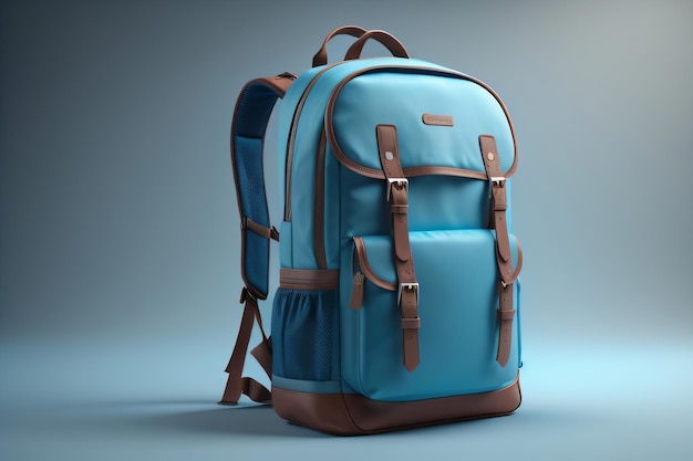Photo a blue backpack with brown leather straps stands on a gray surface.