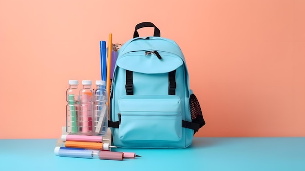 A blue backpack with a bunch of colored pencils on a table