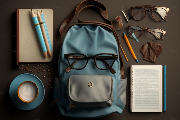 A blue backpack with glasses and a book on it next to a cup of coffee