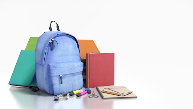 学校用品の青いバックパック 3Dレンダリングで白い