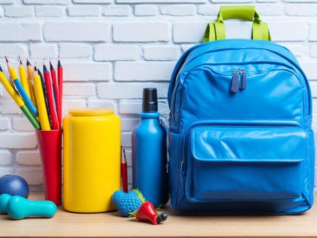 Blue backpack with school supplies on table Back to school concept AI generated