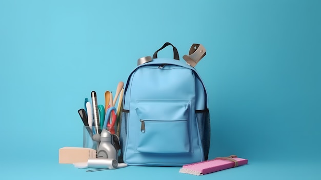 A blue backpack with tools on a blue background