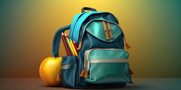 A blue backpack with a yellow apple on the side