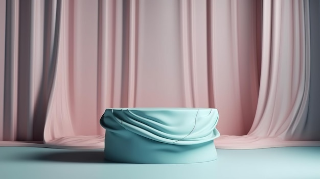 A blue bag sits on a blue table in front of a pink curtain.