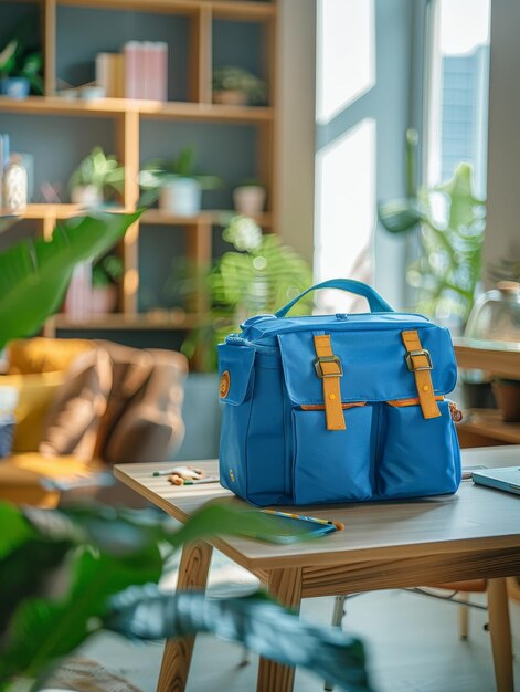 a blue bag sits on a table with a plant in the background