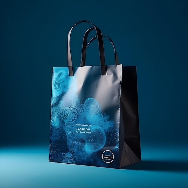 A blue bag with a black bag that says'embossed'on it