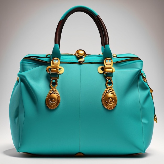 a blue bag with gold keys and a gold lock.