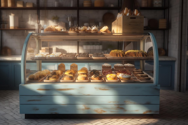 A blue bakery display with a blue display that says'bakery'on it